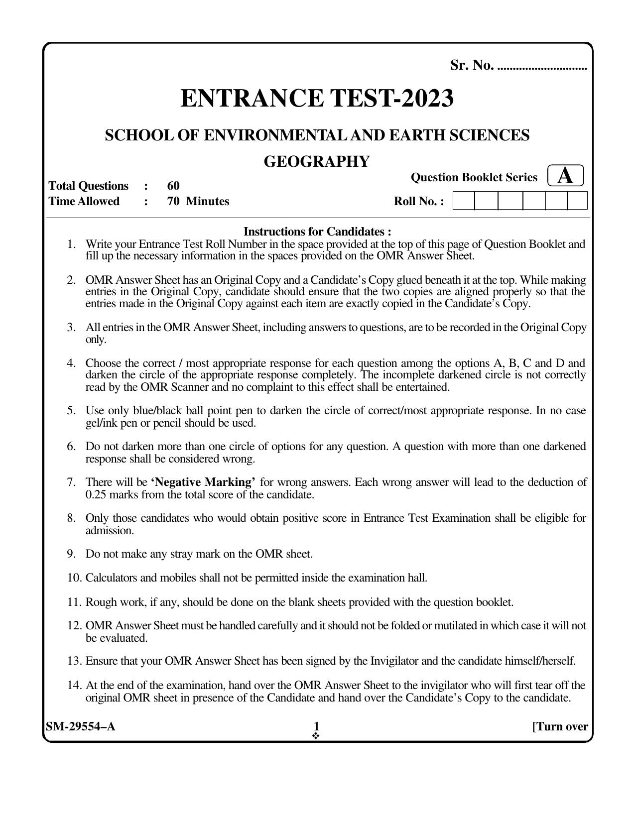 KUET 2023 M.Sc Geography Question Paper - Page 1
