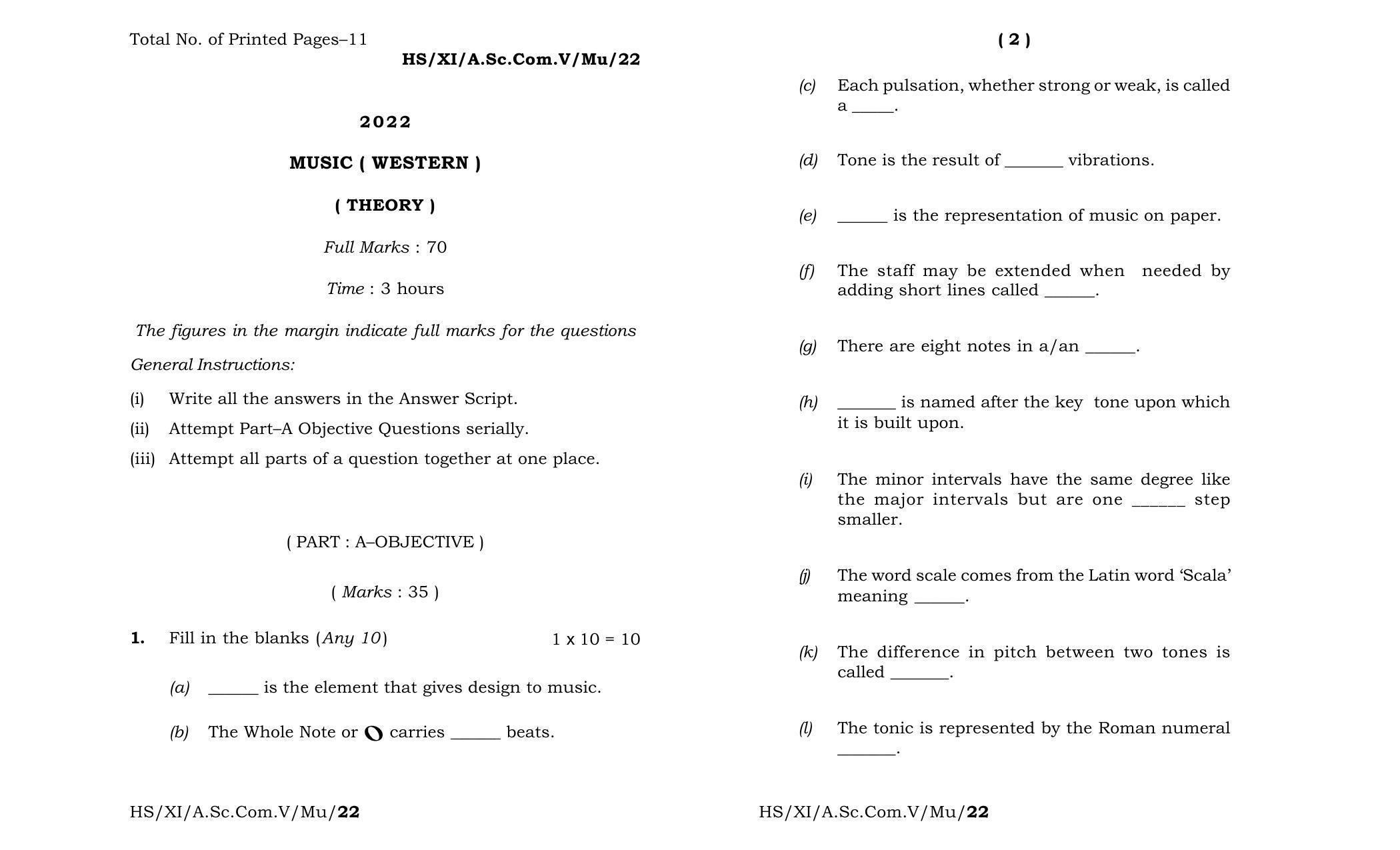 Meghalaya Board (MBOSE) Class 11 Music Western (theory) 2022 Question Paper - Page 1