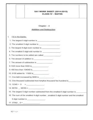 Worksheet for Class 4 Maths Assignment 61 Addition and Subtraction