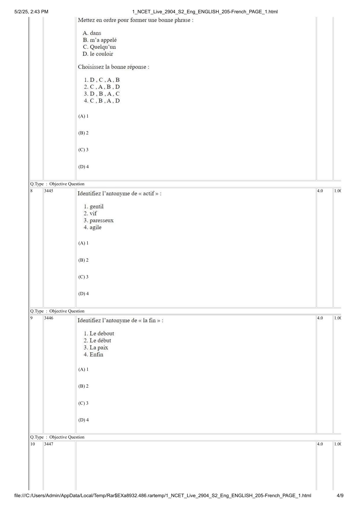 NCET 2025 Question Paper - French - Page 4