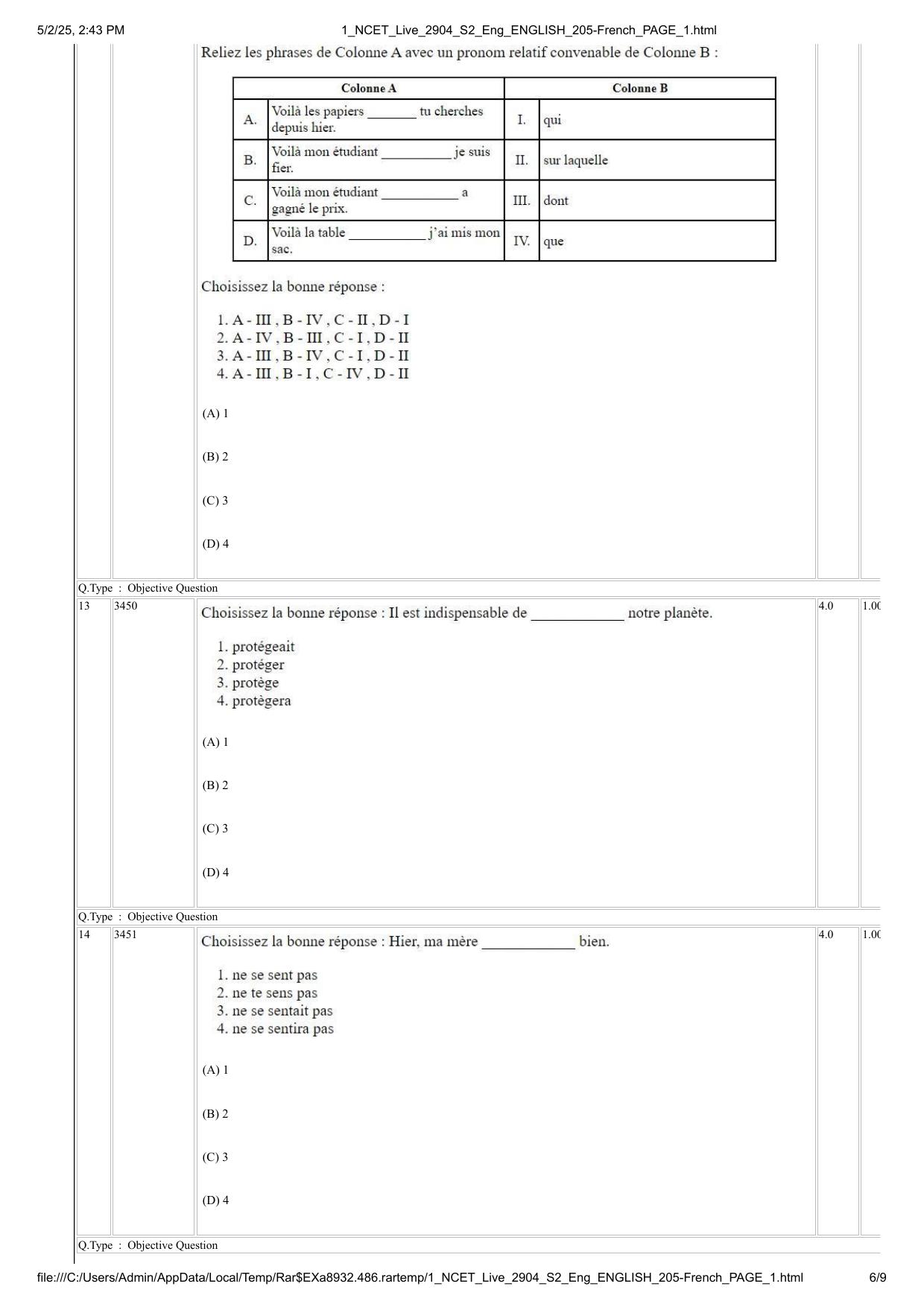 NCET 2025 Question Paper - French - Page 6