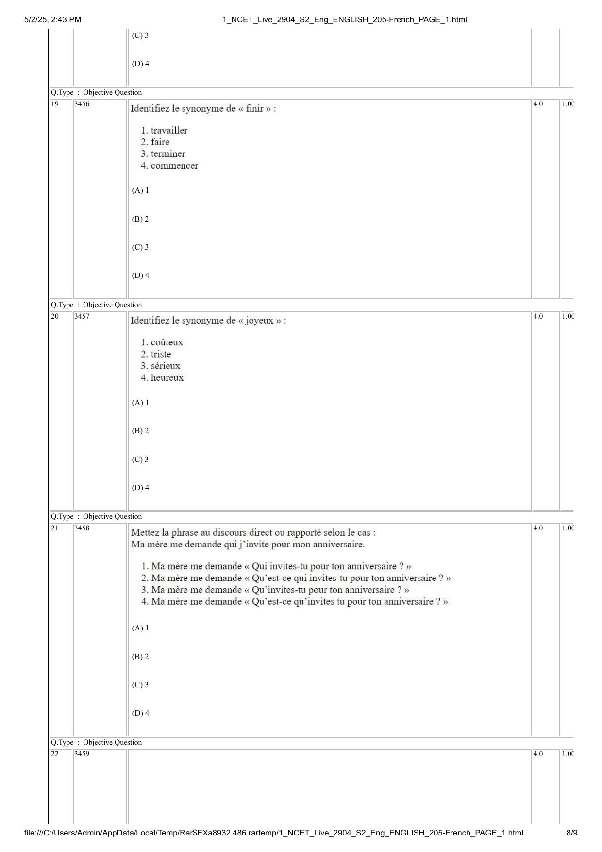 NCET 2025 Question Paper - French - Page 8