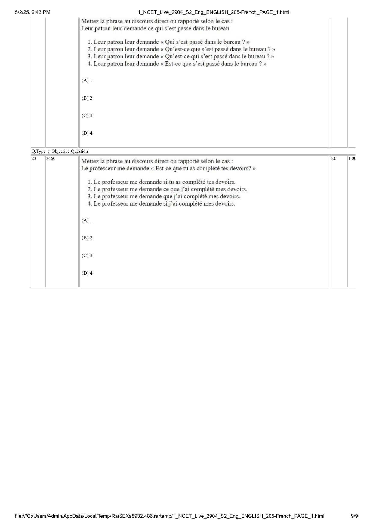 NCET 2025 Question Paper - French - Page 9