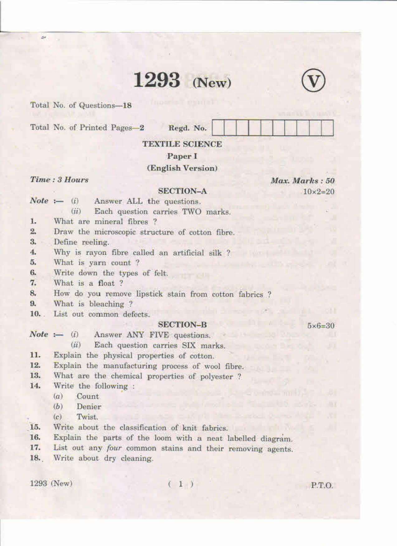 AP Inter 1st Year Textile Science-I (New) May-2019-Vocational Question Paper - Page 1