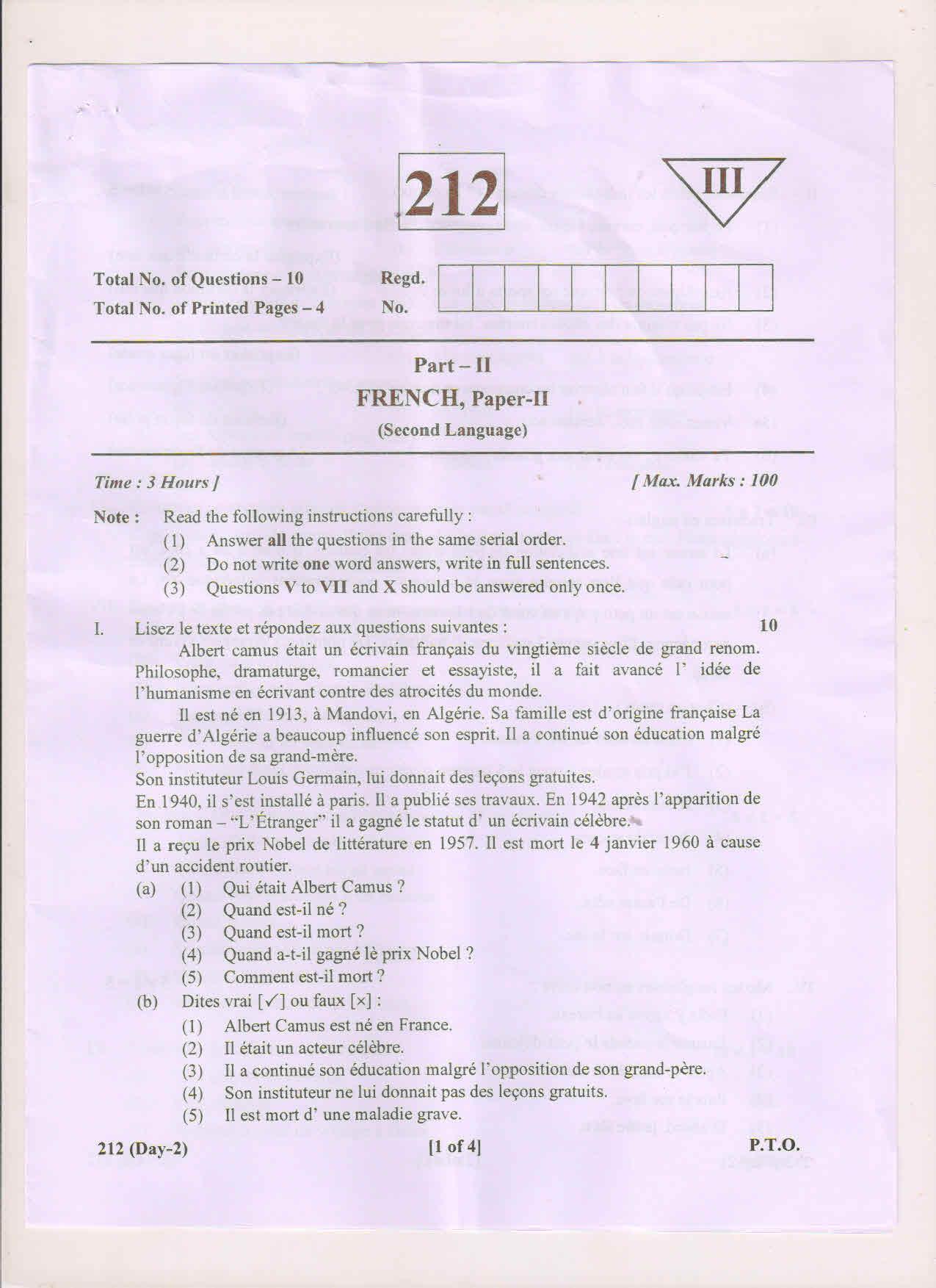 AP Inter 2nd Year French-II May 2018 (General) Question Paper - Page 1