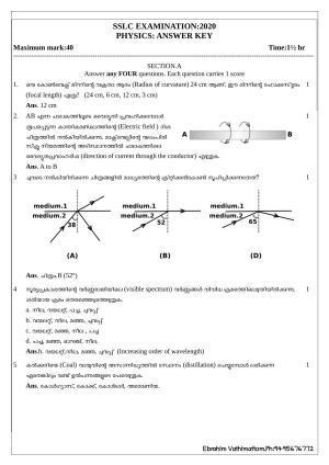 Kerala SSLC 2020 Physics Answer Key