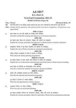 Bilaspur University Question Paper 2021-2022:B.A. Part-I (One) (Regular) Home Science Paper 2