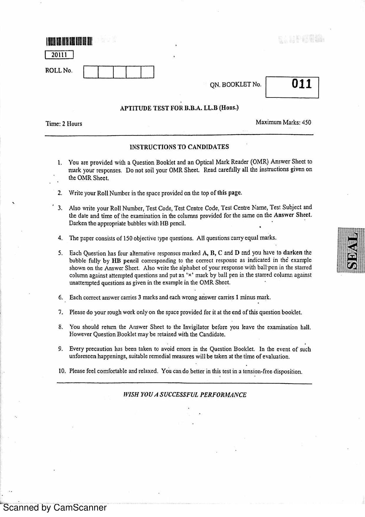 CUSAT CAT 2011 BBA LLB Question Paper - Page 1
