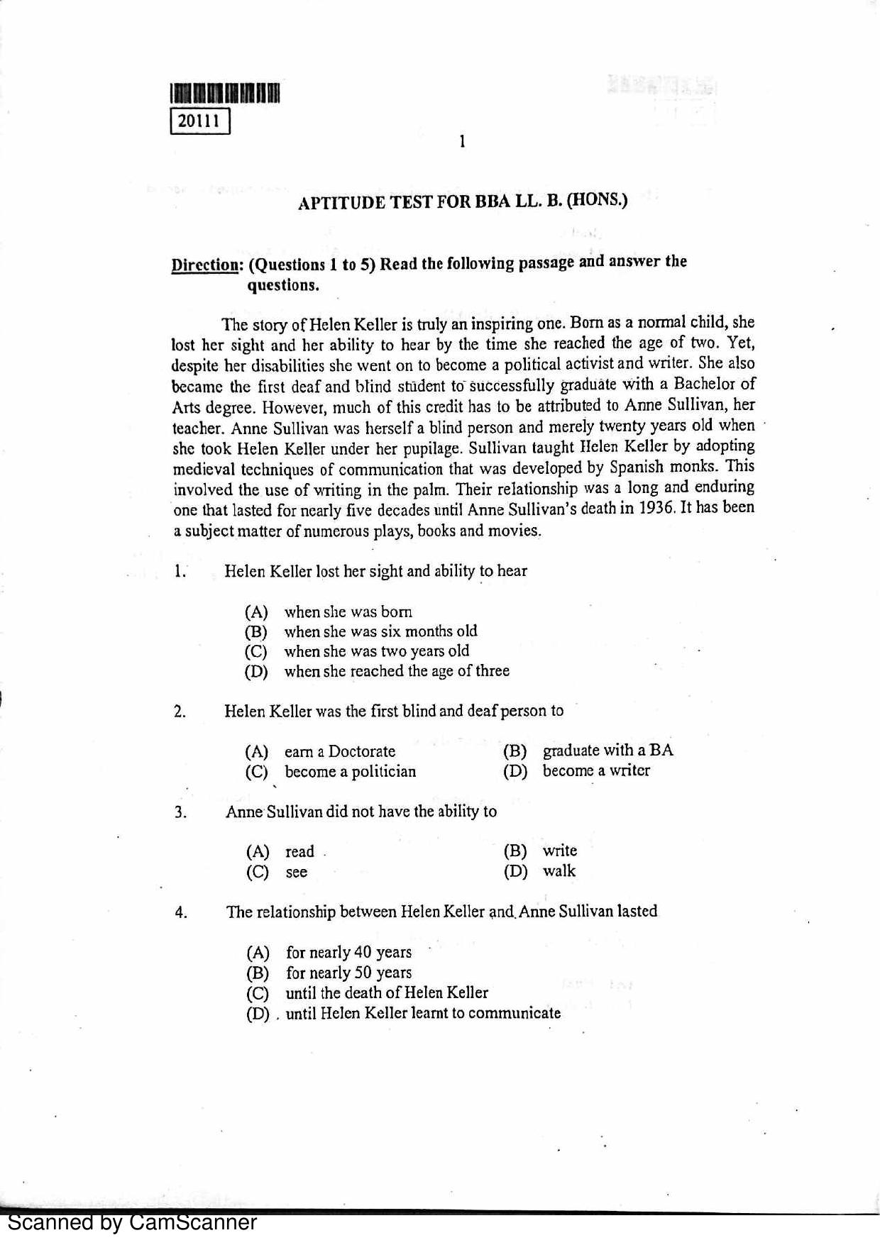 CUSAT CAT 2011 BBA LLB Question Paper - Page 2