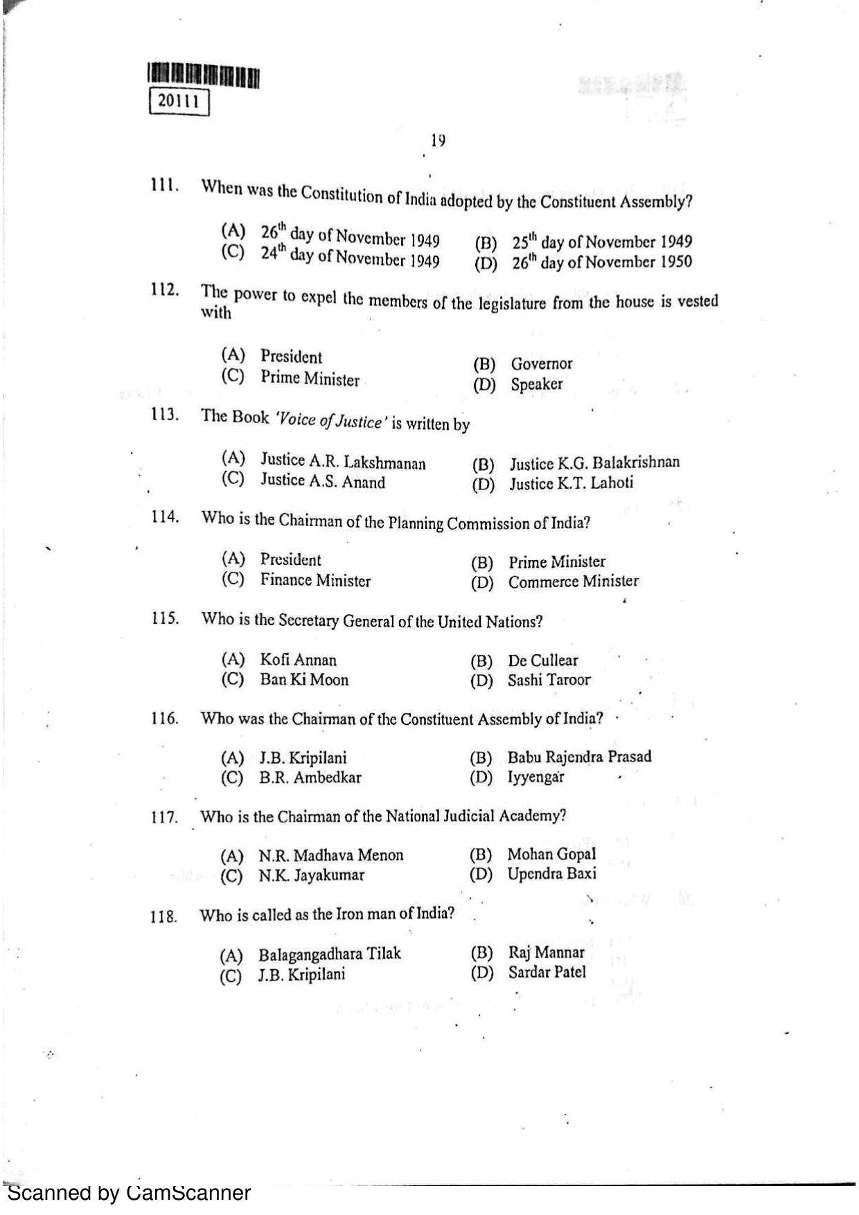 CUSAT CAT 2011 BBA LLB Question Paper - Page 20