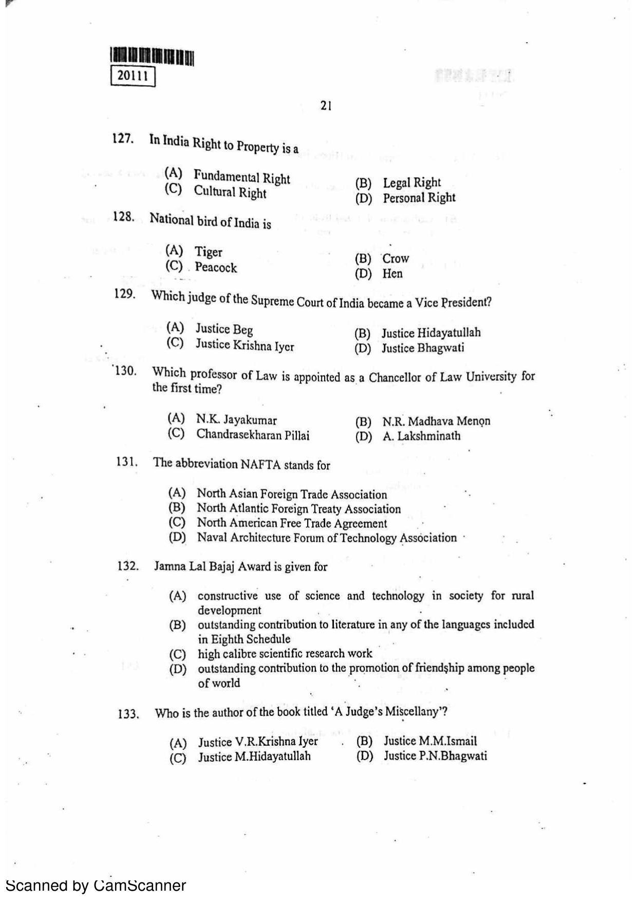 CUSAT CAT 2011 BBA LLB Question Paper - Page 22