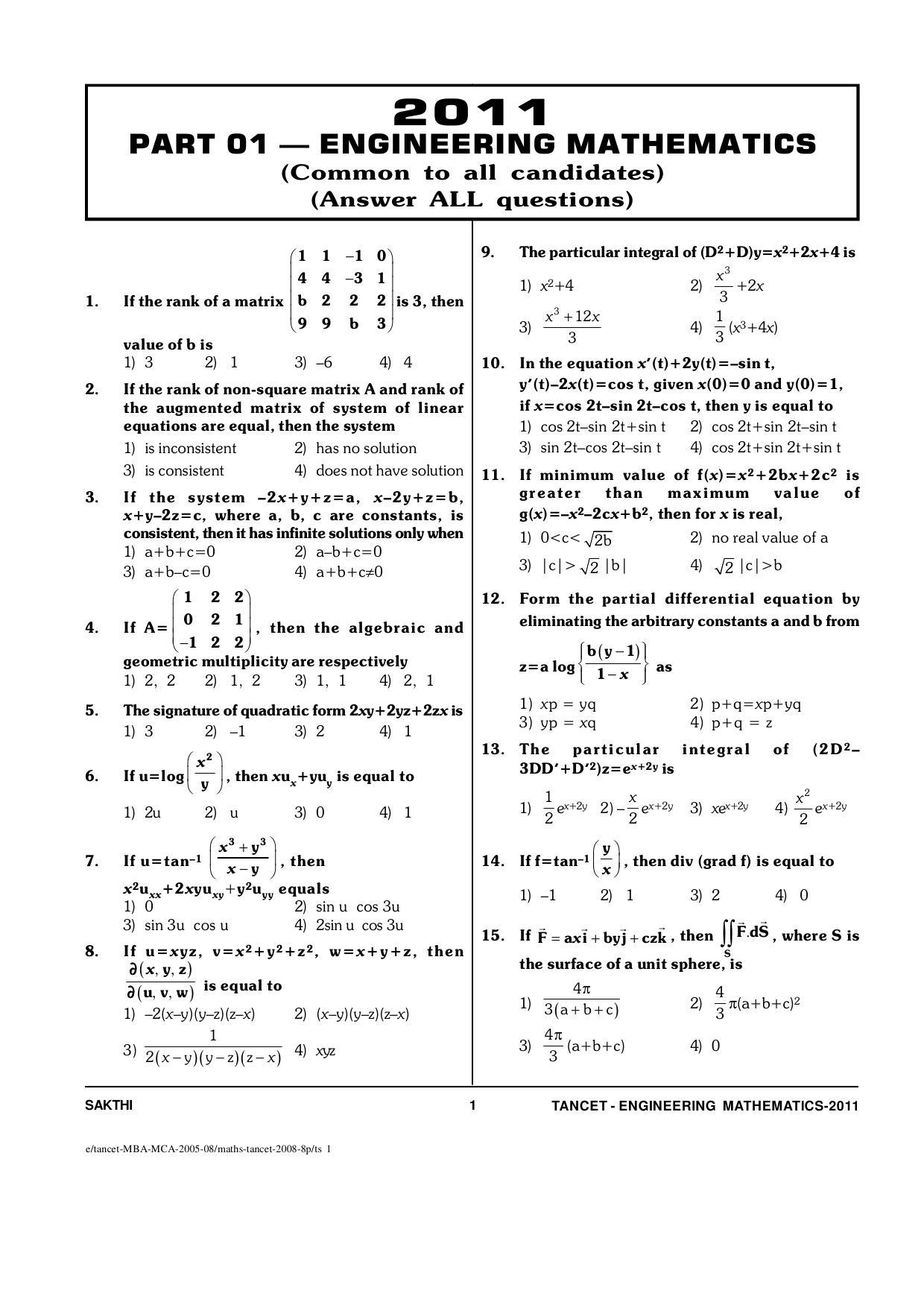 TANCET Engineering Mathematics Question Papers 2011 - IndCareer Docs