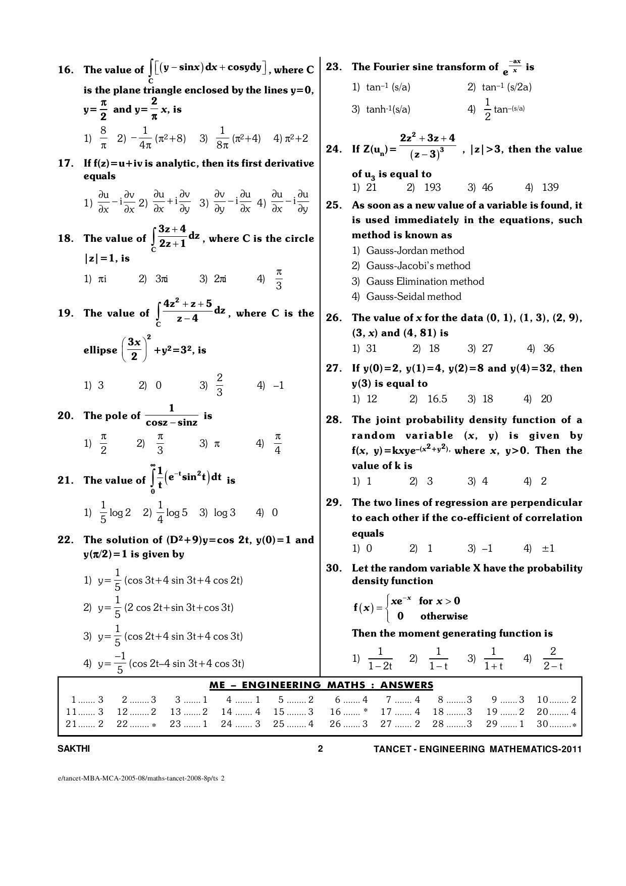 TANCET Engineering Mathematics Question Papers 2011 - IndCareer Docs