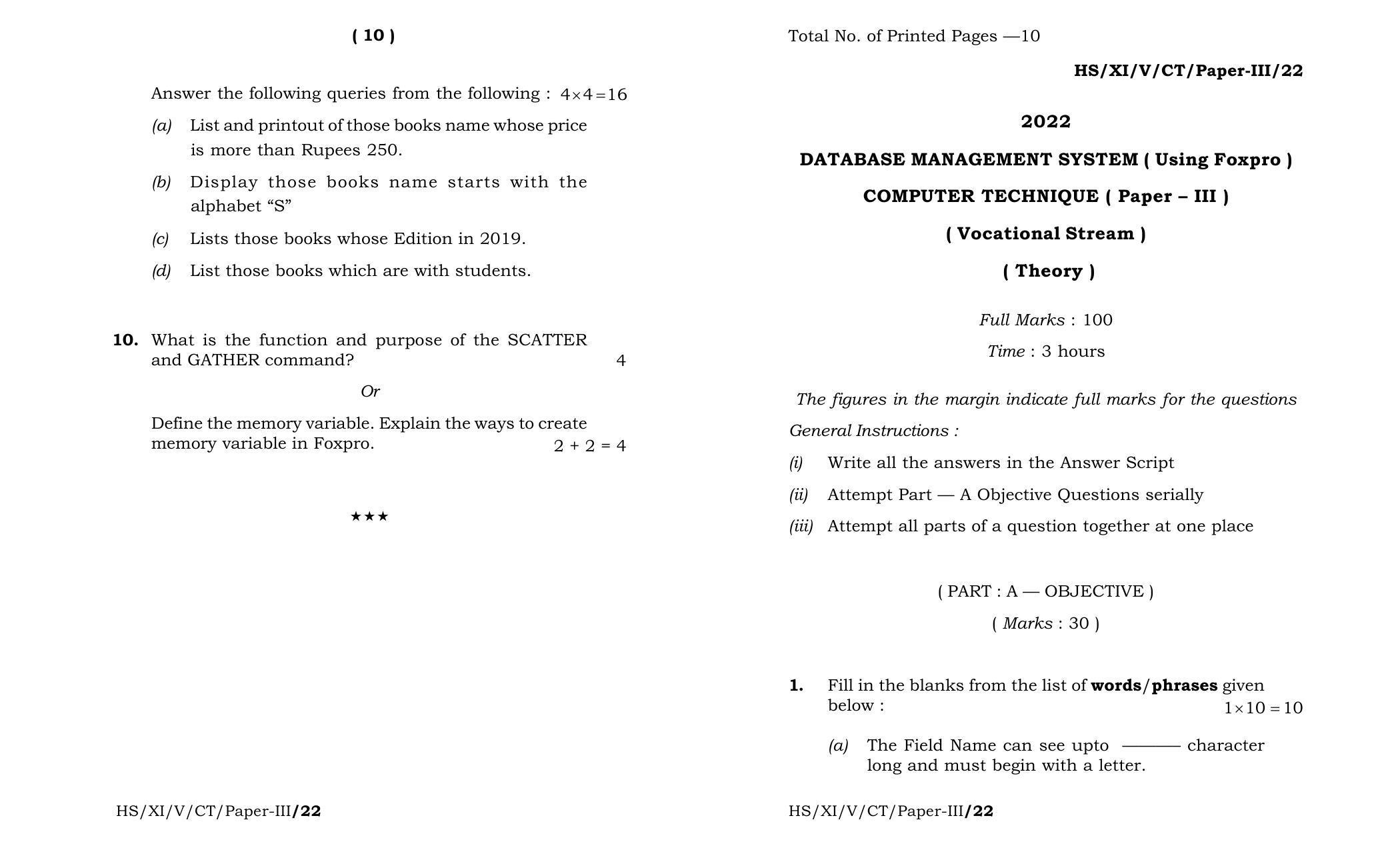 Meghalaya Board (MBOSE) Class 11 Computer Technique Paper III (theory) 2022 Question Paper - Page 1