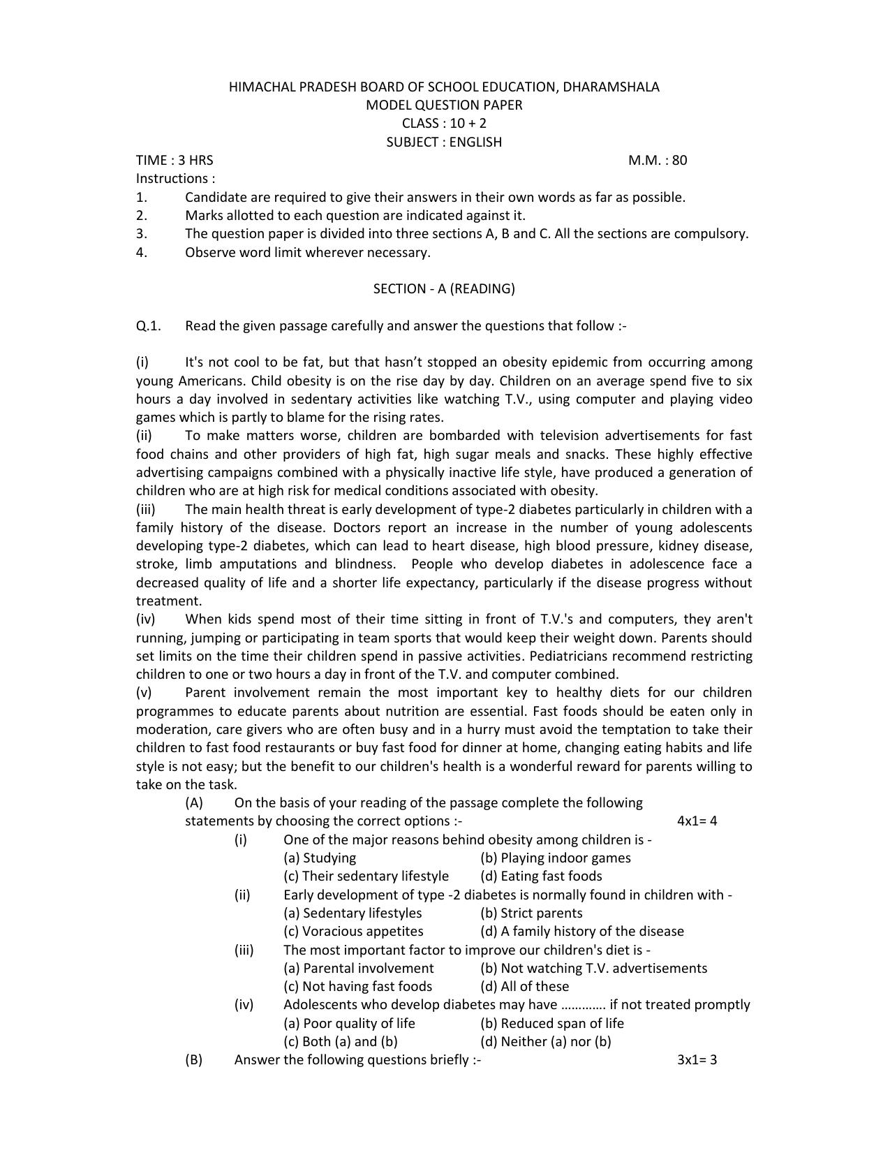 HPBOSE Class 12th English Sample Question Papers 2024 - Page 1