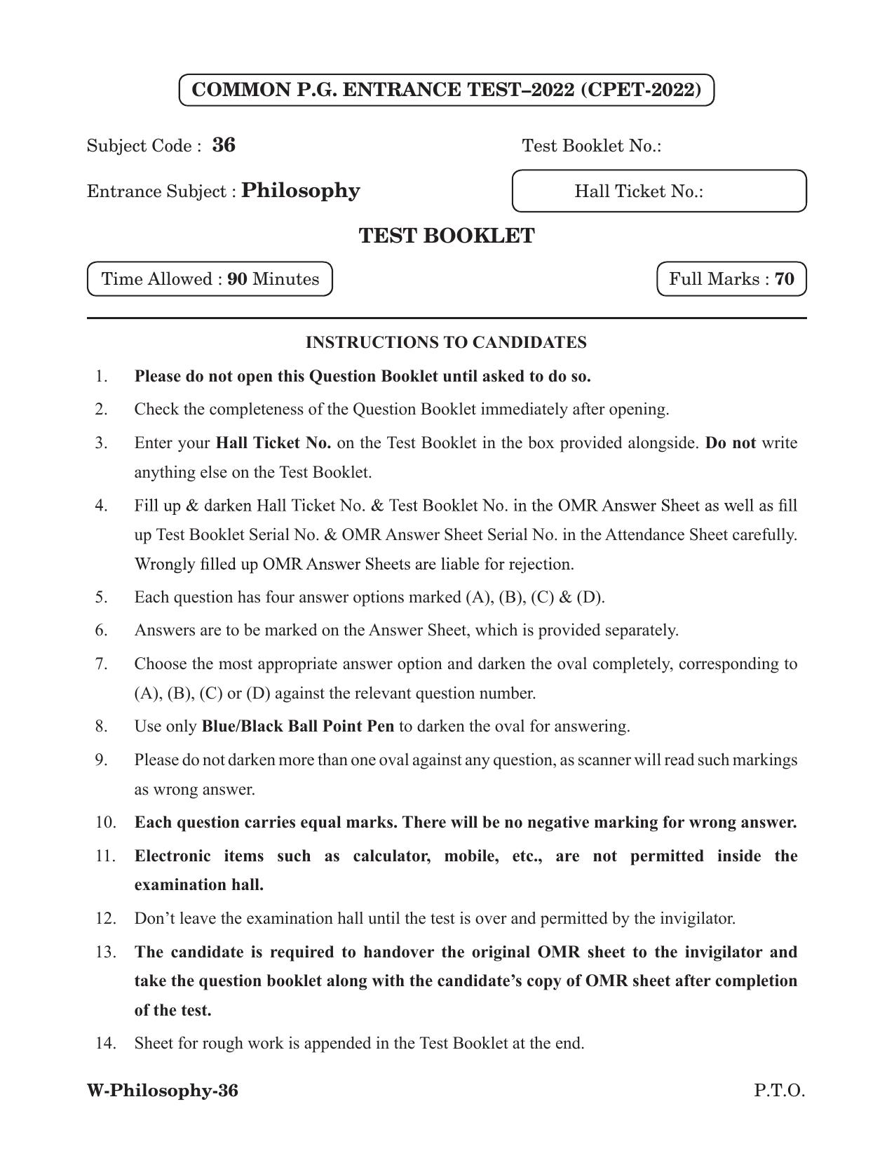 Odisha CPET 2022 PHILOSOPHY Question Paper - Page 1