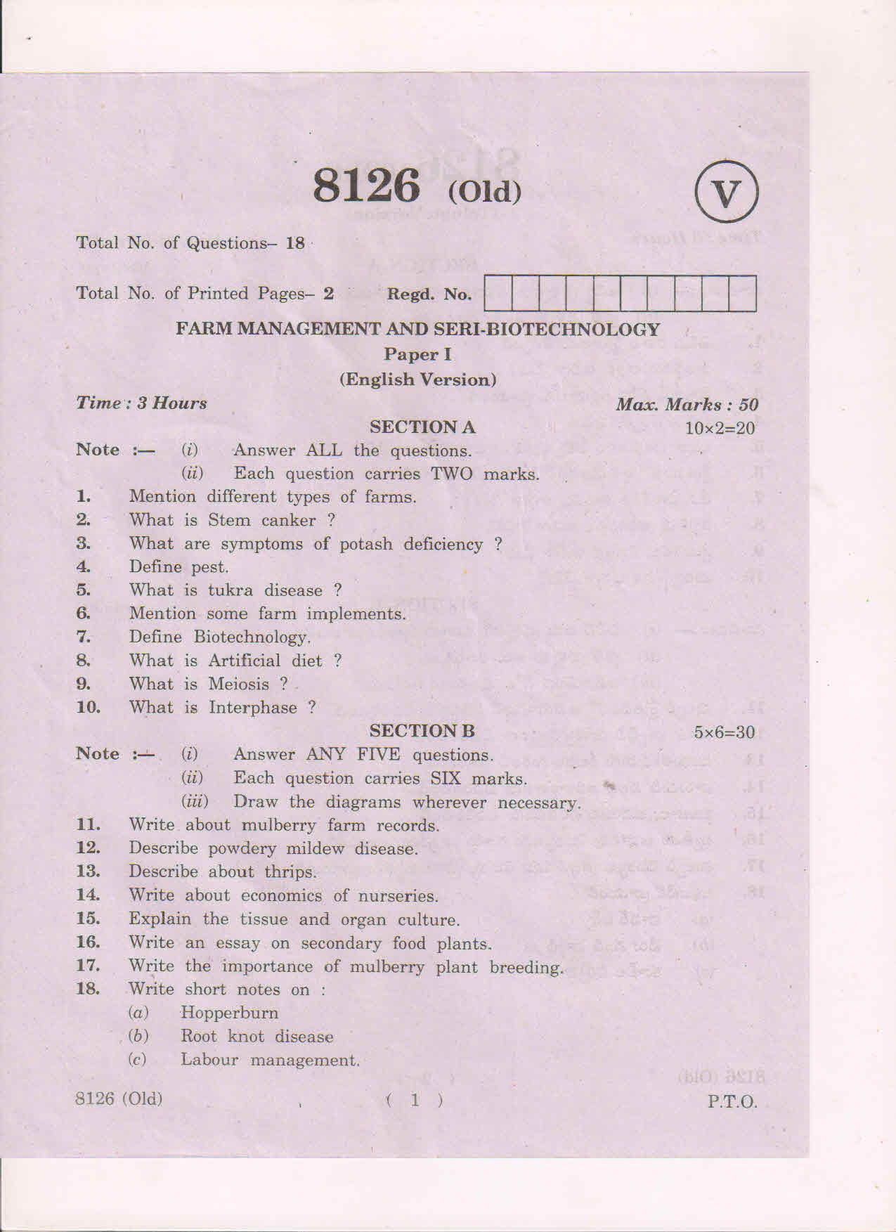 AP Inter 1st Year Farm Management and Seri-Biotechnology-I (Old) March-2019-Vocational Question Paper - Page 1