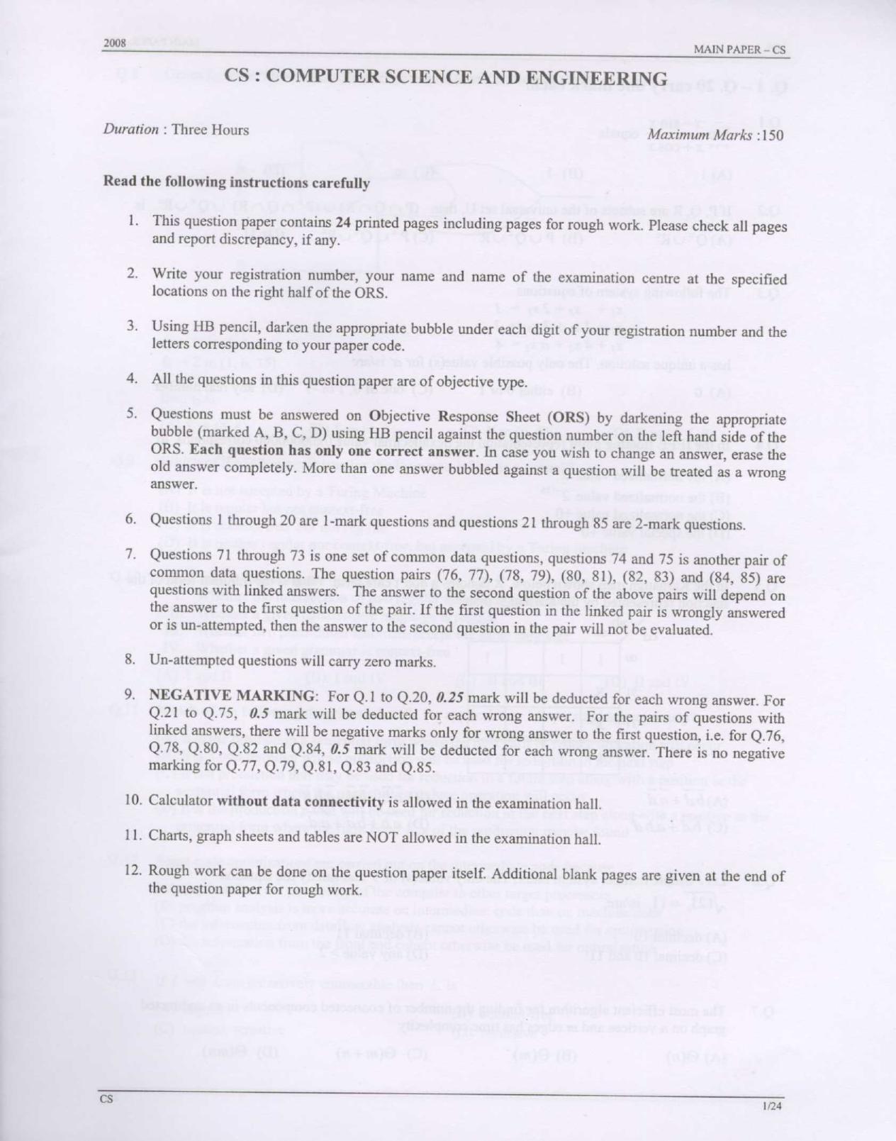 GATE 2008 Computer Science and Information Technology (CS) Question Paper with Answer Key - Page 1