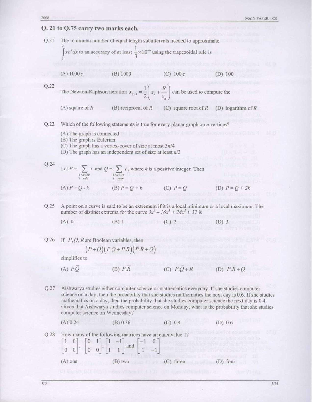 GATE 2008 Computer Science and Information Technology (CS) Question Paper with Answer Key - Page 5