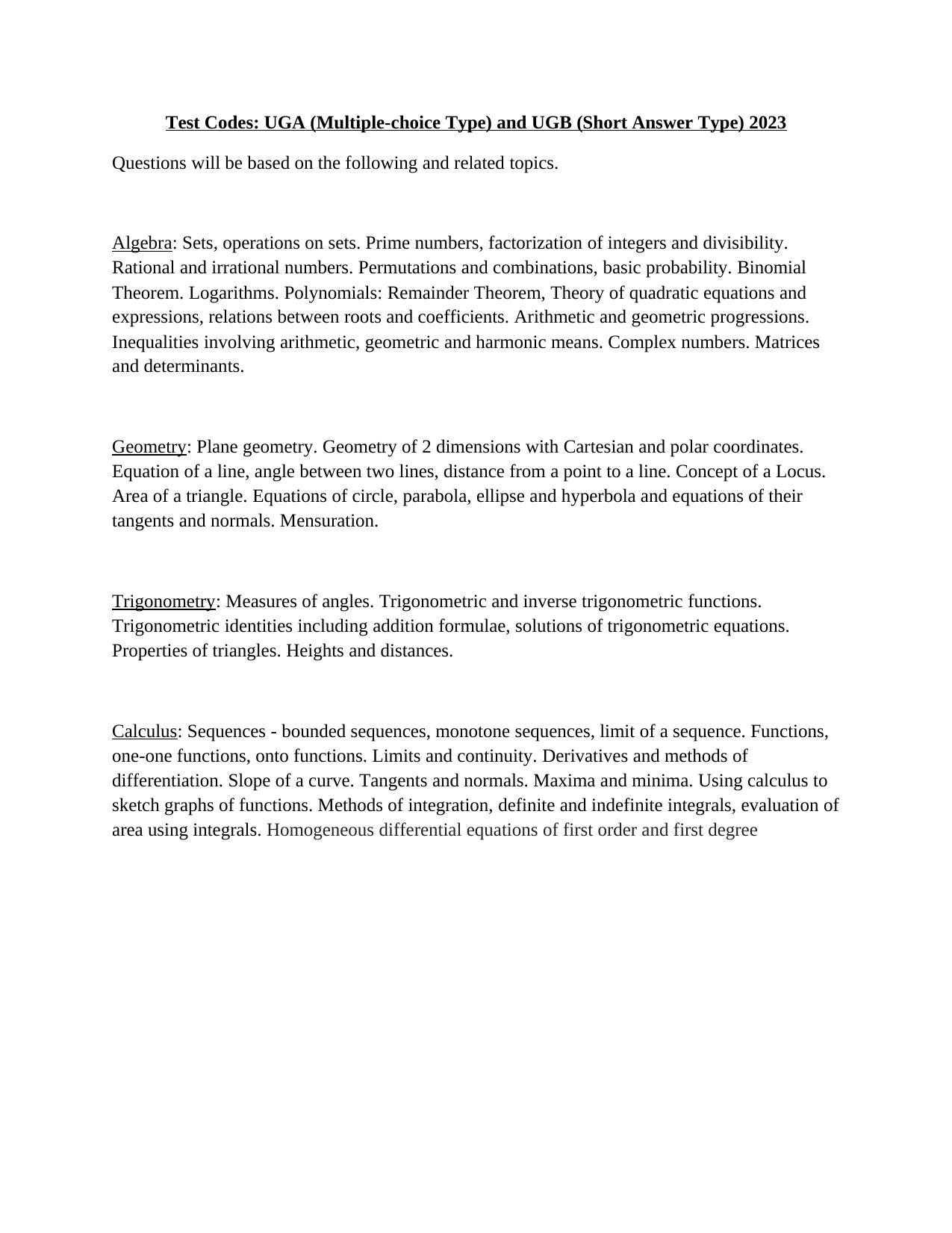 ISI Admission Test B.Math Syllabus - Page 1