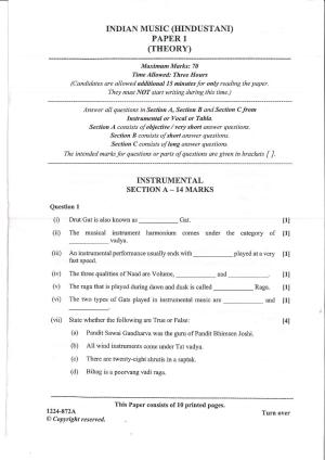 ISC Class 12 Indian Music Hindustani 2024 Question Paper