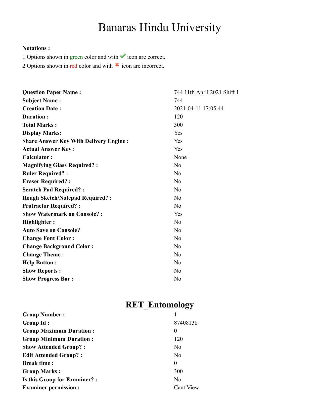 BHU RET Entomology 2020 Question Paper  - Page 1