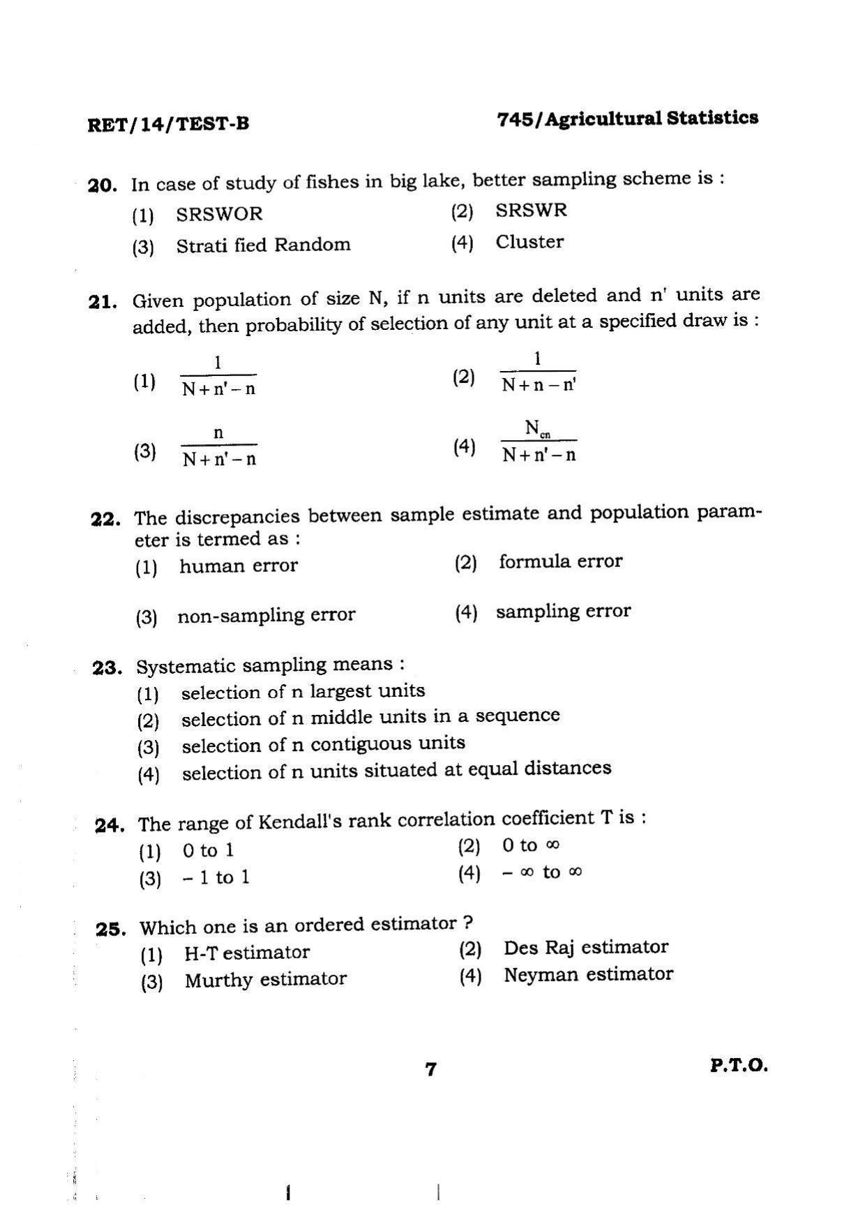 BHU RET Agricultural Statistics 2014 Question Paper - Page 7