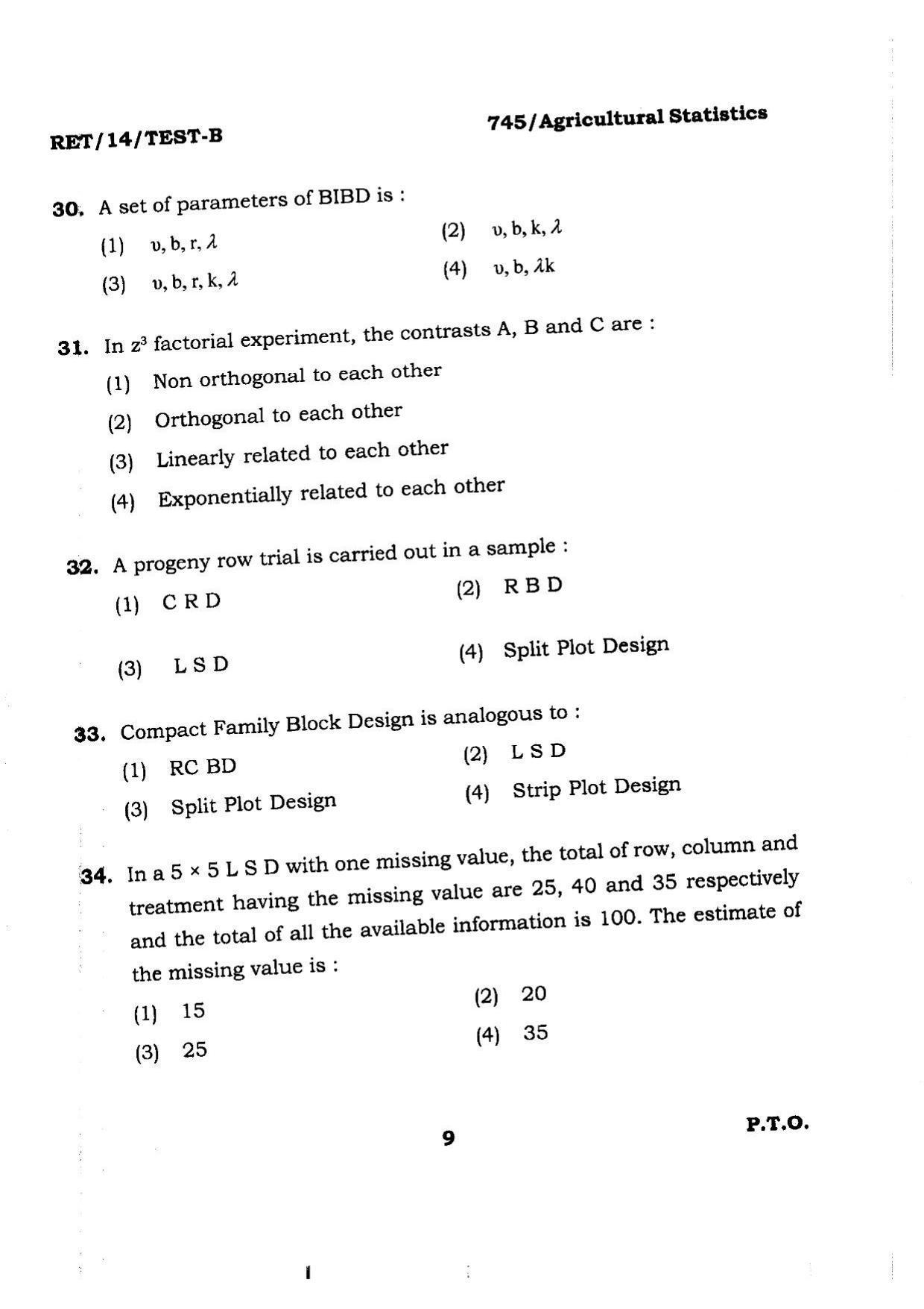 BHU RET Agricultural Statistics 2014 Question Paper - Page 9