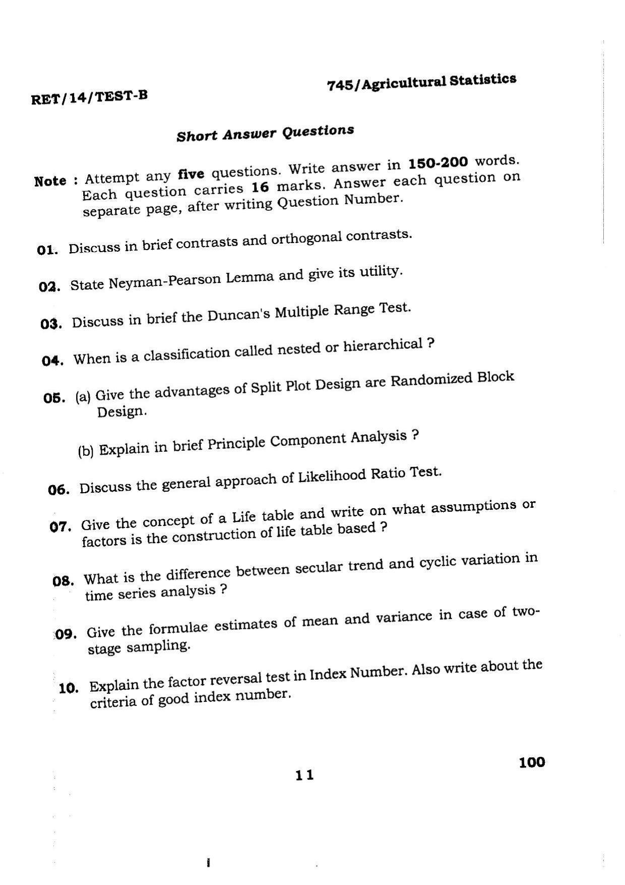 BHU RET Agricultural Statistics 2014 Question Paper - Page 11