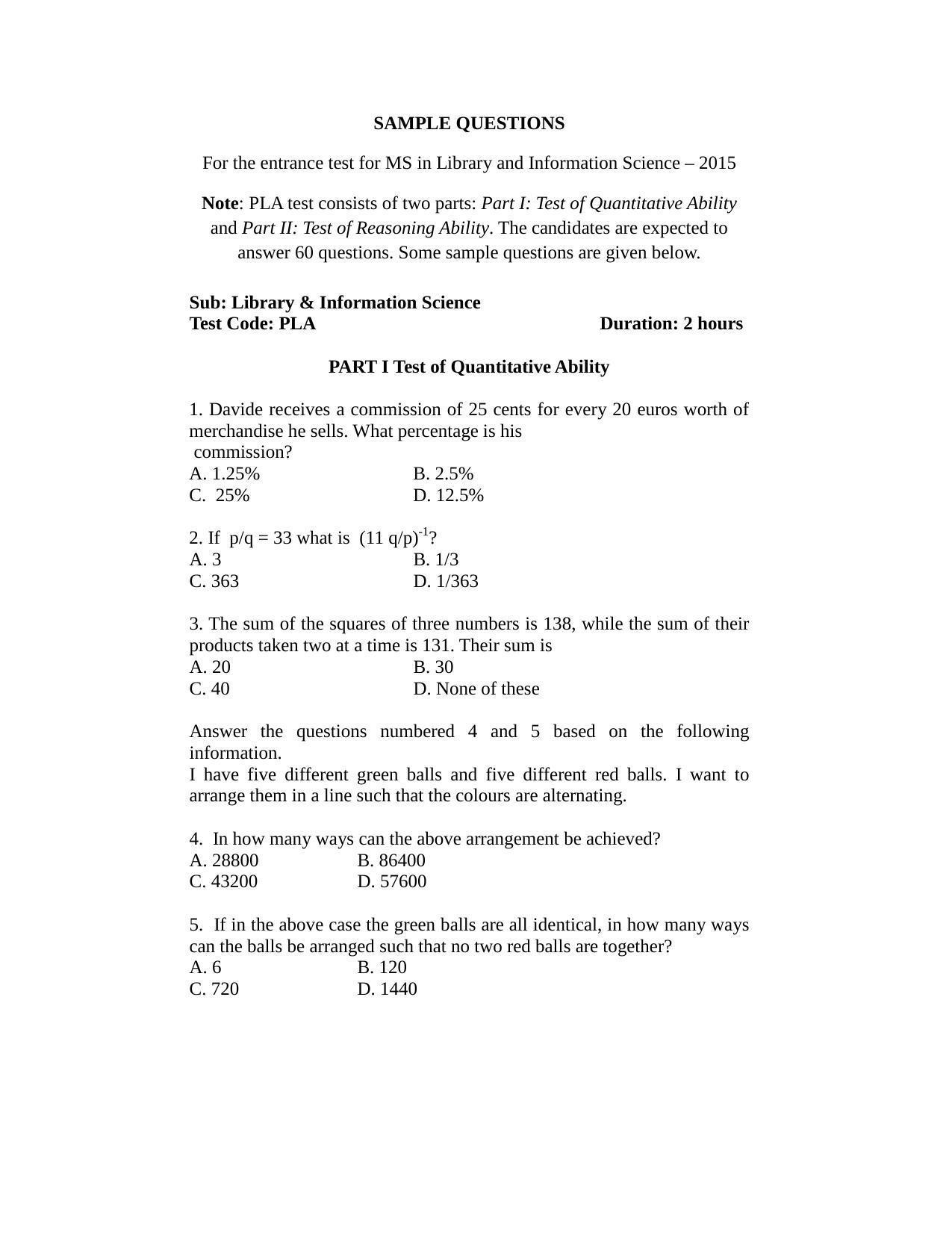 ISI Admission Test M.S (LIS) PLA 2015 Sample Paper - Page 1
