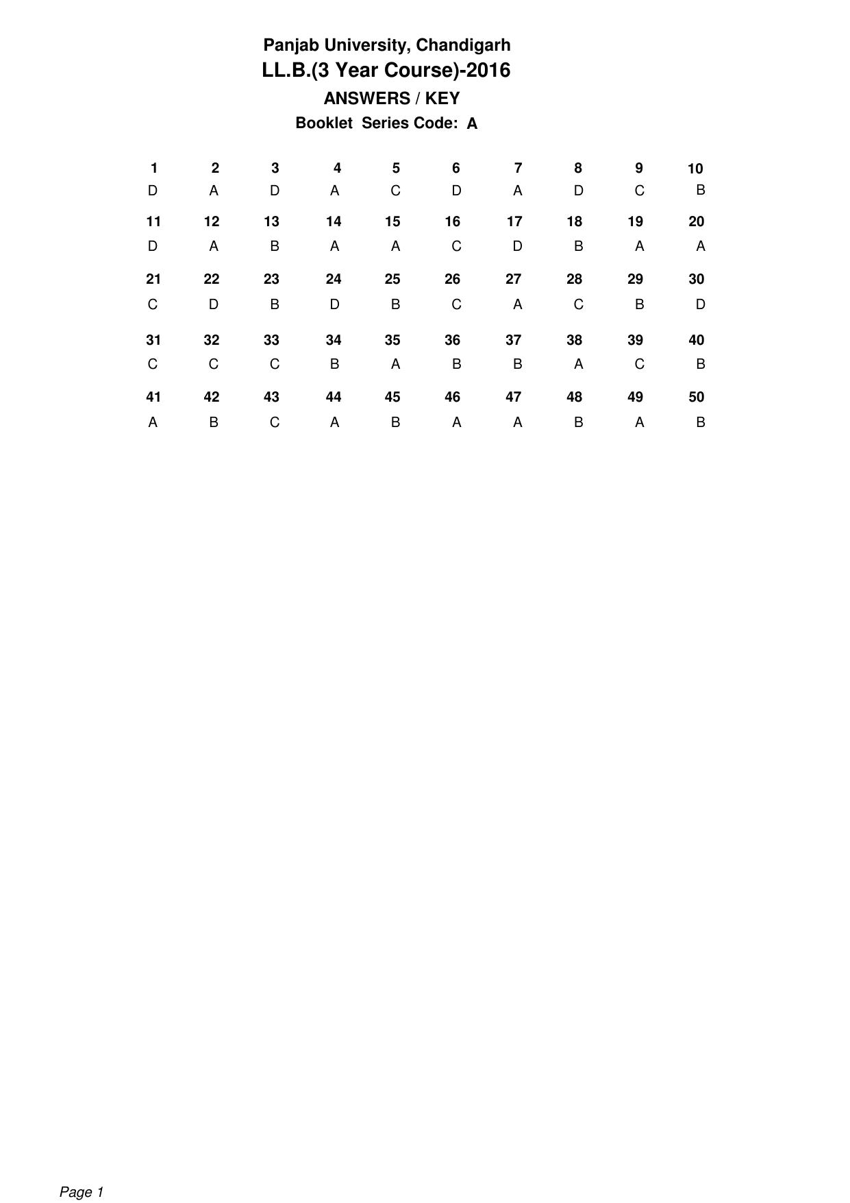 PU LLB 2016 Answer Key - Page 1