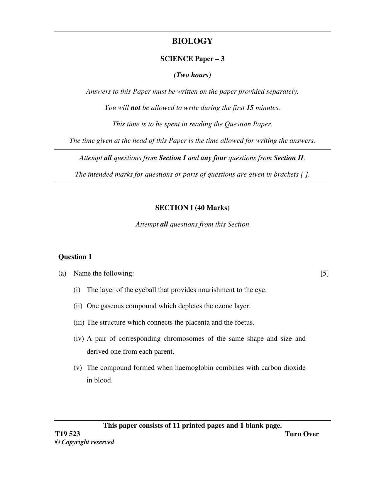 ICSE Class 10 Science Paper 3 (Biology) 2019 Question Paper - Page 1