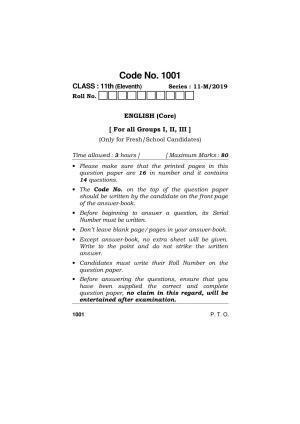 Haryana Board HBSE Class 11 ENGLISH (CORE) 2019 Question Paper