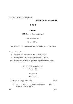Meghalaya Board (MBOSE) Class 12 GARO  (HS_XII_A.Sc.Com_G_22) 2022 Question Paper