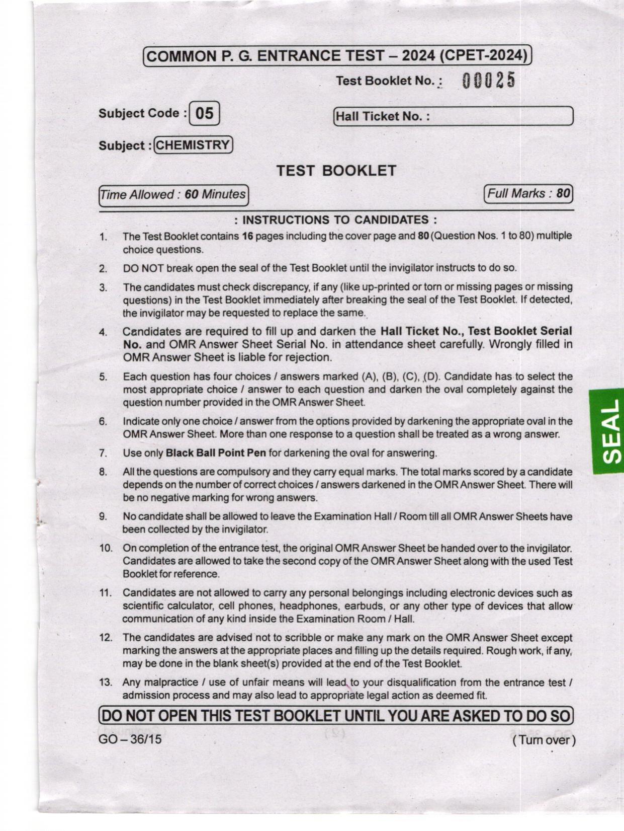 Odisha CPET 2024 CHEMISTRY Question Paper - Page 1