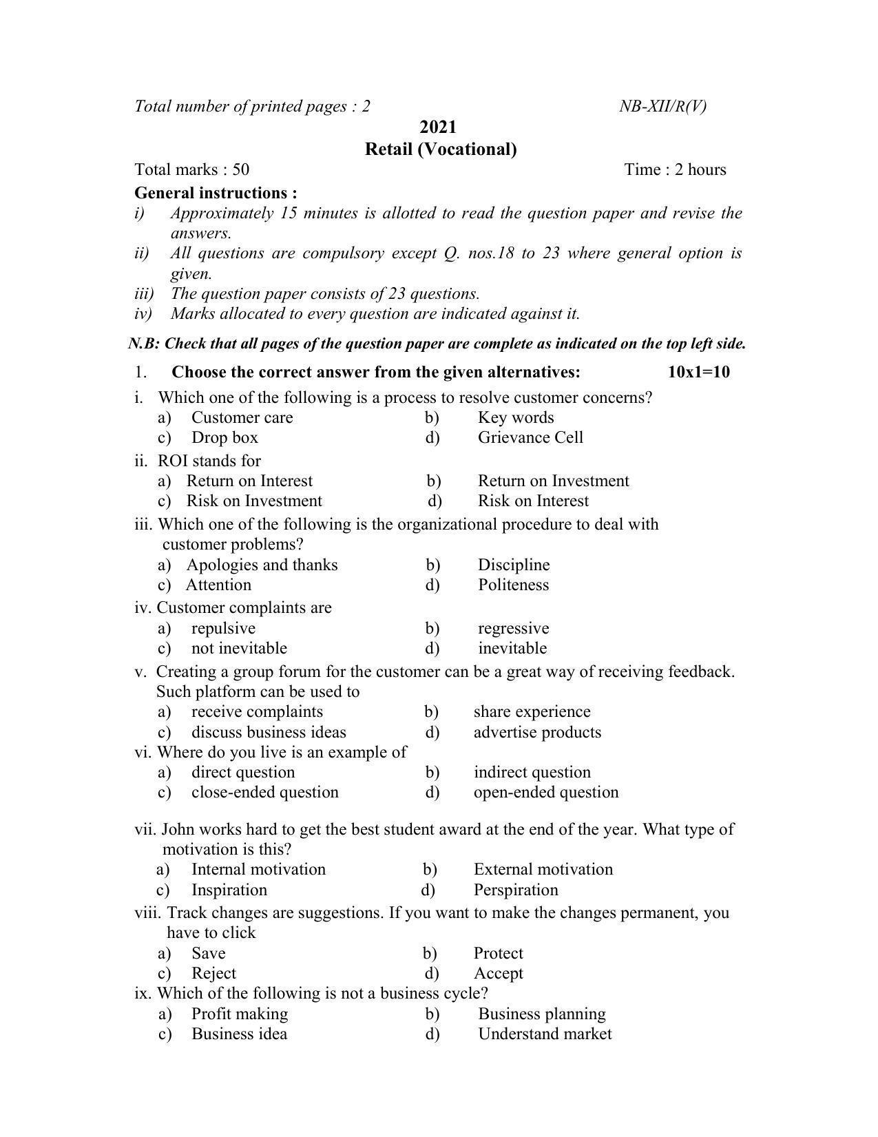 Nagaland Board Class 12 Retail(Vocational) 2021 Question Paper - Page 1