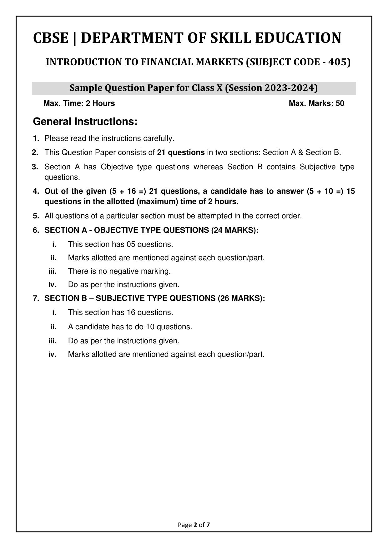 CBSE Class 10 (Skill Education) Introduction to Financial Markets 2024 Sample Paper - Page 2