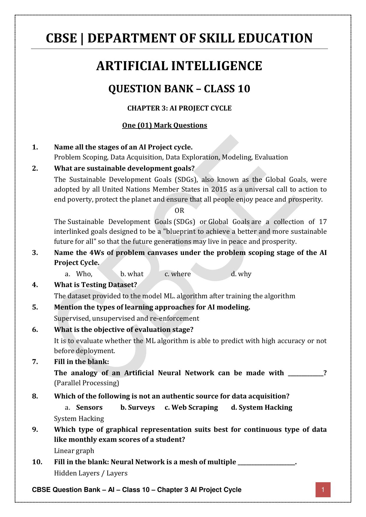 CBSE Class 10 Artificial Intelligence - Chapter 3 Question Bank - Page 1