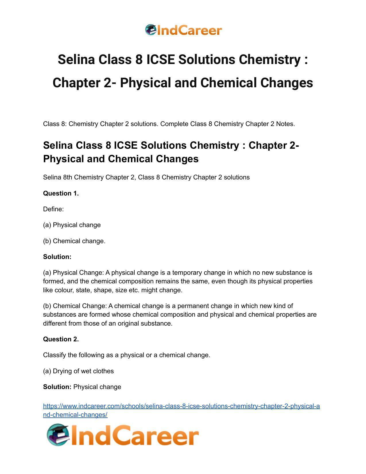 Selina Class 8 ICSE Solutions Chemistry : Chapter 2- Physical and Chemical Changes - Page 2