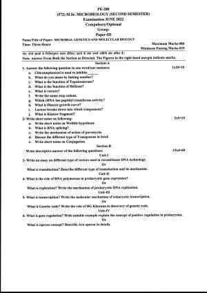 Bilaspur University Question Paper June 2022:M.Sc.Microbiology (Second Semester) Microbial Genetics And Molecular Biology Paper 1