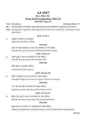 Bilaspur University Question Paper 2021-2022:B.A. Part-II (Two) History Paper 2
