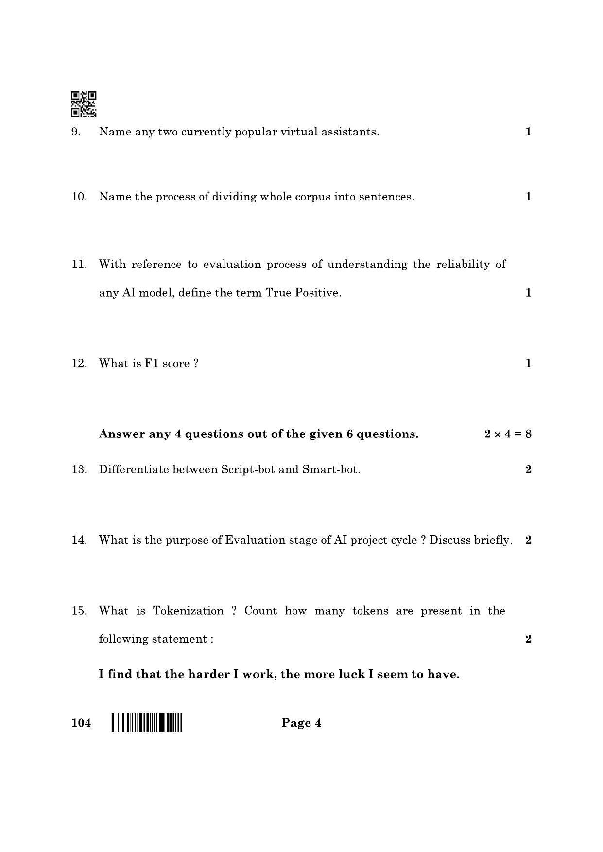 CBSE Class 10 104 Artificial Intelligence 2022 Question Paper - Page 4