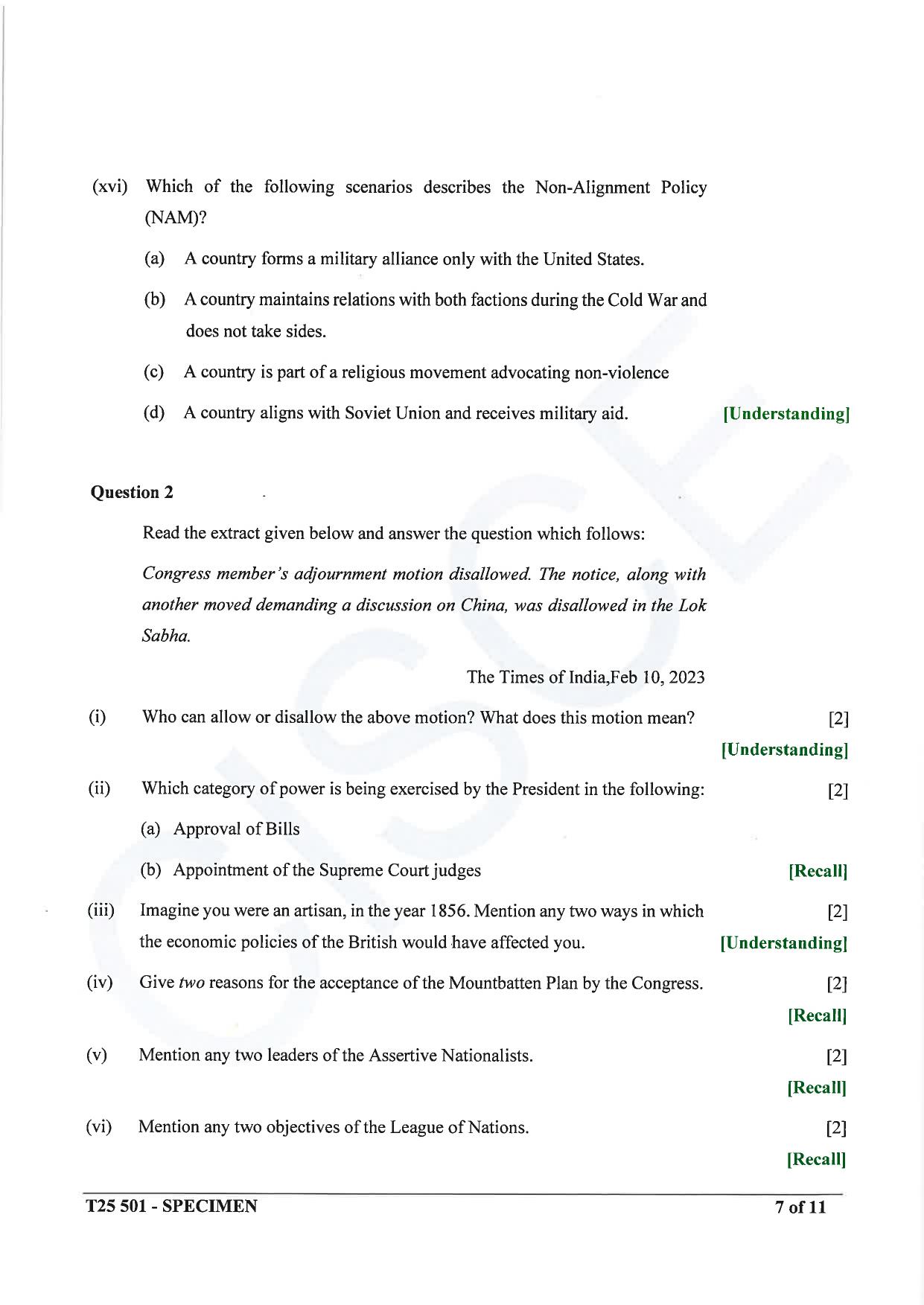 ICSE Class 10 2025 History and Civics (QP & MS) Specimen Paper - Page 7