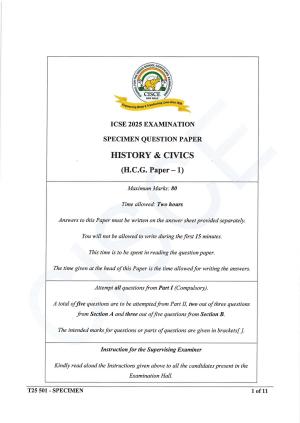 ICSE Class 10 2025 History and Civics (QP & MS) Specimen Paper