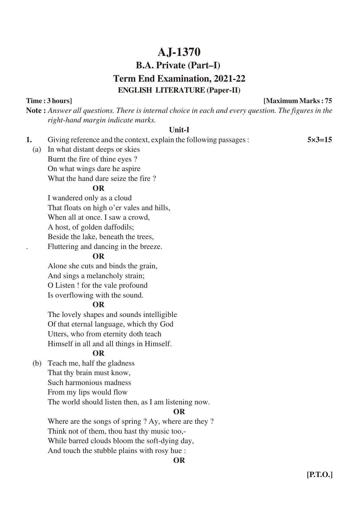 Bilaspur University Question Paper 2021-2022:B.A. Part-I (One) (Private) English Literature Paper 2 - Page 1