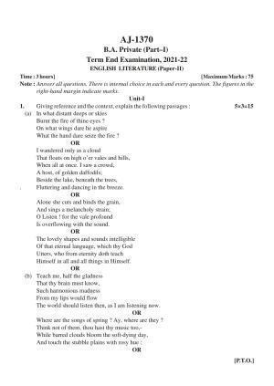 Bilaspur University Question Paper 2021-2022:B.A. Part-I (One) (Private) English Literature Paper 2