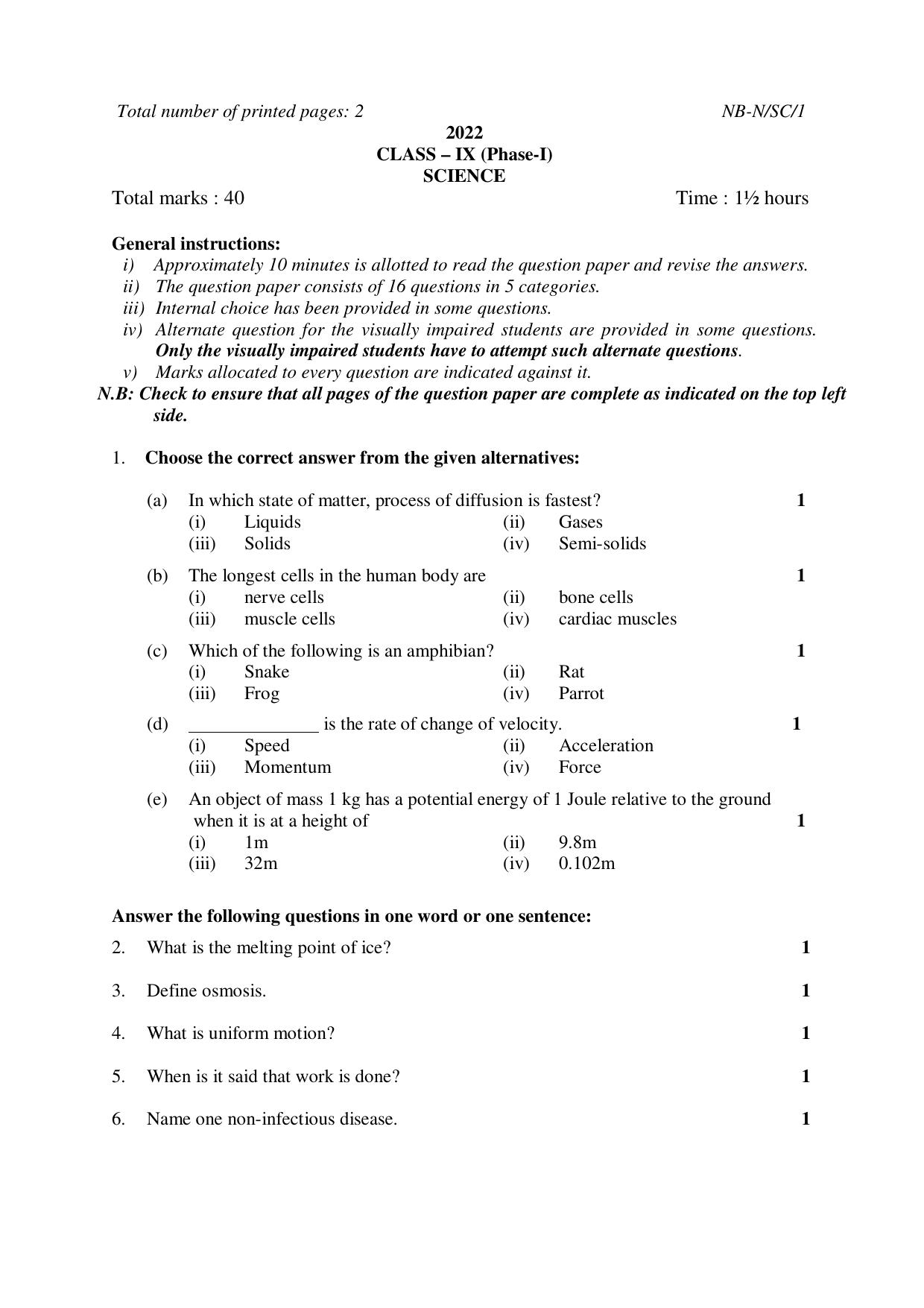NBSE Class IX Final Examination 2022 Phase 1 Question Paper (All Subjects) - Page 1