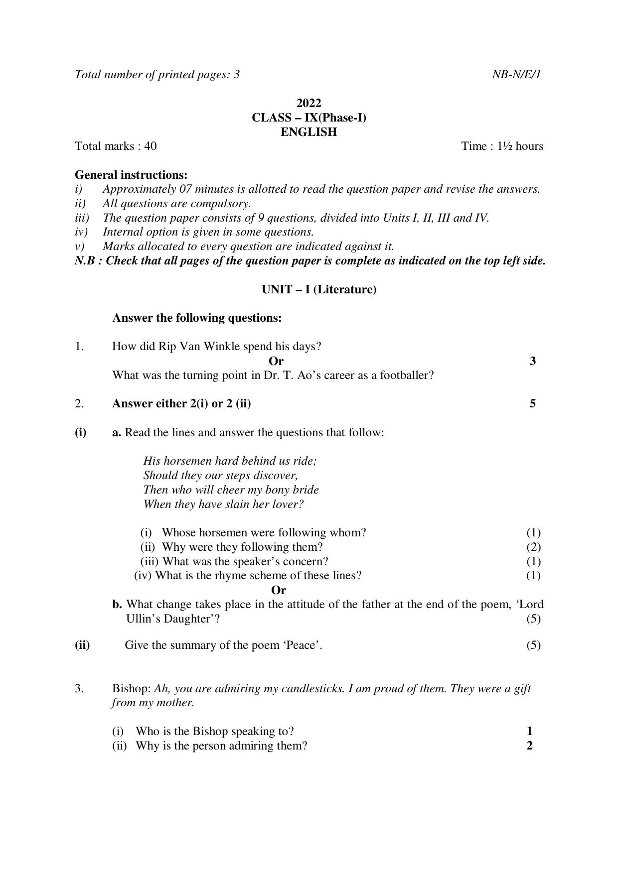 NBSE Class IX Final Examination 2022 Phase 1 Question Paper (All Subjects) - Page 3