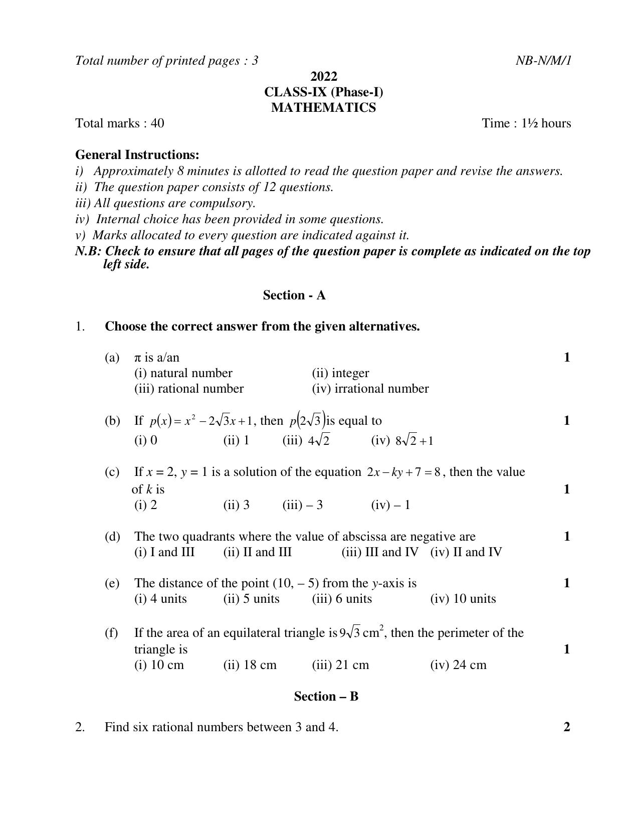 NBSE Class IX Final Examination 2022 Phase 1 Question Paper (All Subjects) - Page 6