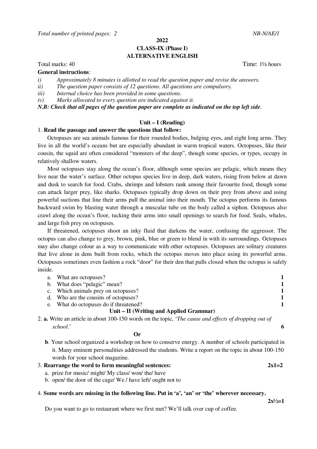 NBSE Class IX Final Examination 2022 Phase 1 Question Paper (All Subjects) - Page 29